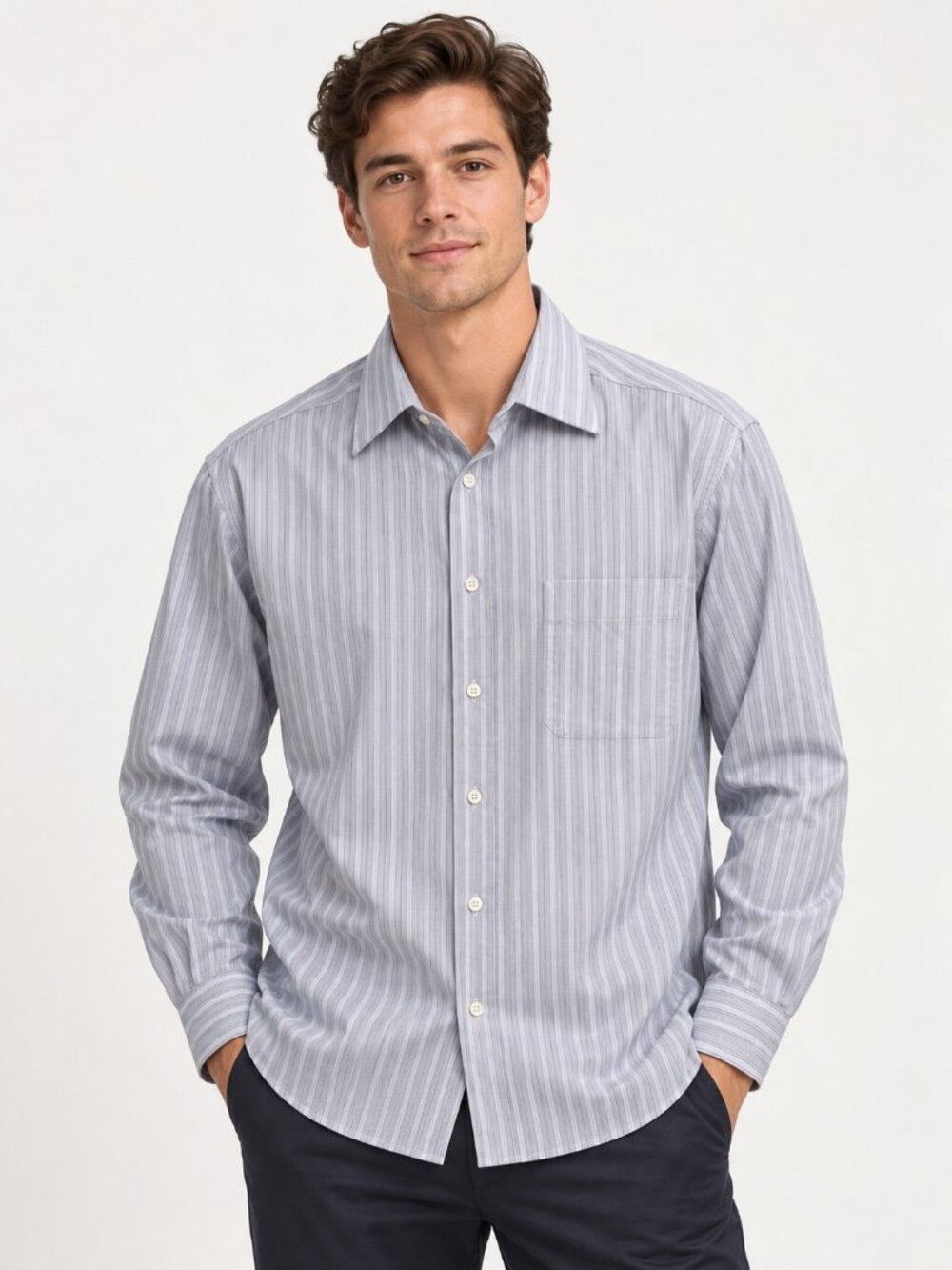 Ike Behar New York Mens 16/34 Blue Gray Pinstripe Cotton Dress Shirt Made Canada